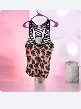 Peach Floral Tank with Black Mesh Racerback Swim Top
